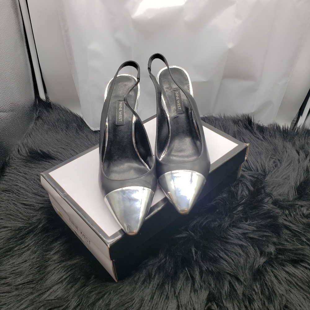 Nine West Black and Silver Sling Back Pumps